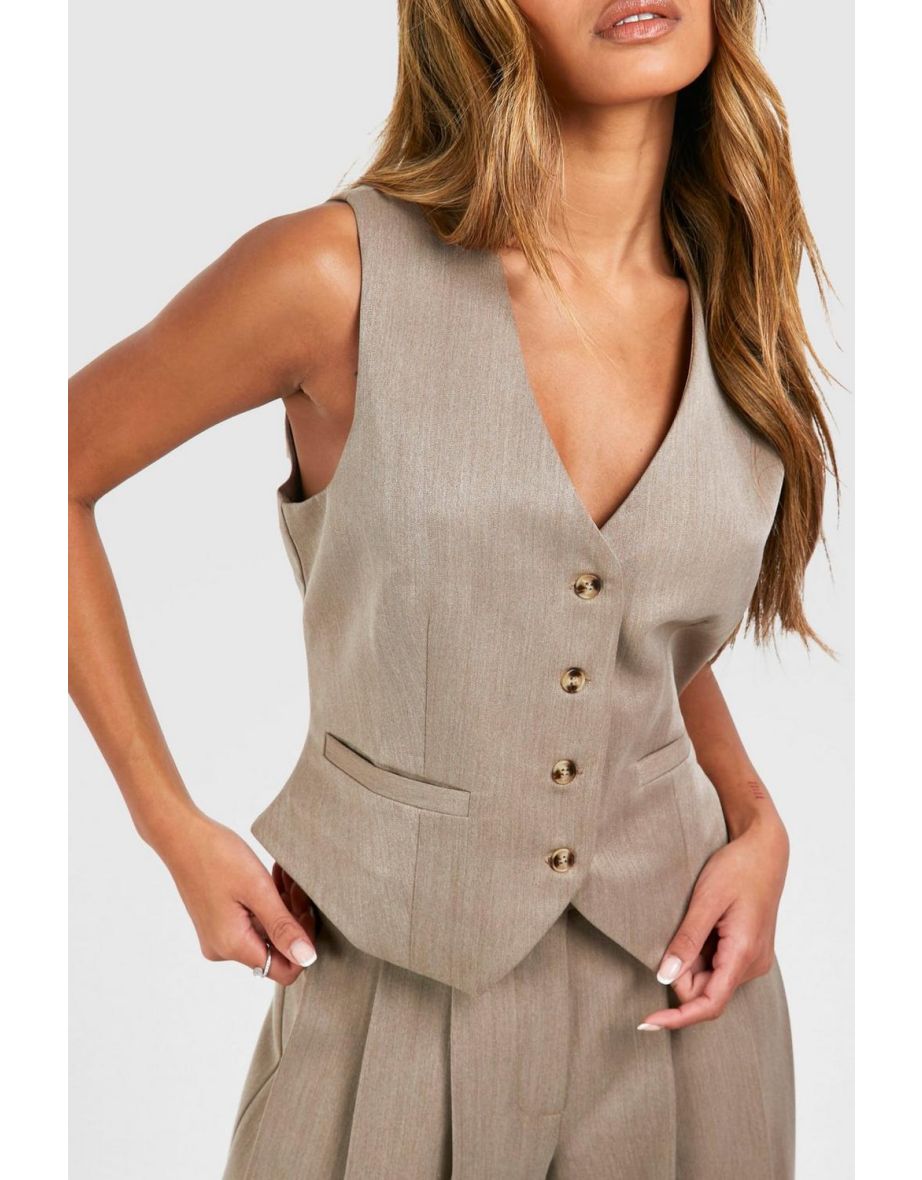 Linen Look Mock Horn Fitted Waistcoat - taupe - 3