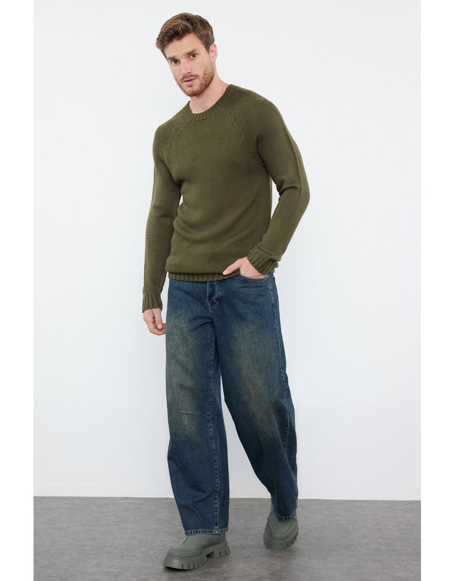 Men's Khaki Slim Fit Crew Neck Raglan Sleeve Seamless Basic Knitwear Sweater