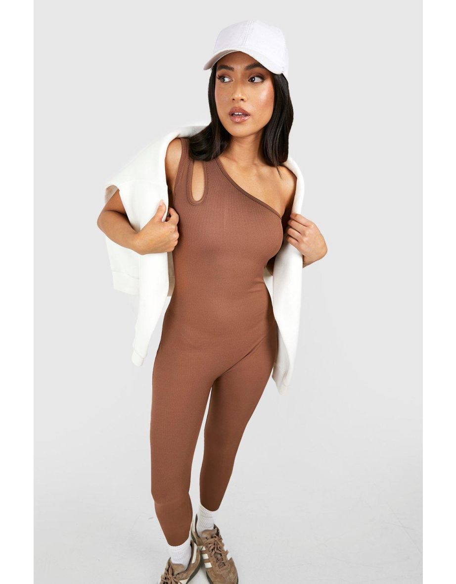 Petite Cut Out One Shoulder Unitard Jumpsuit - chocolate