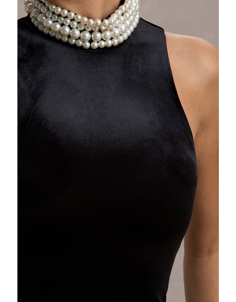 Audrine | Black Velvet Embellished High-Neck Maxi Dress - 6