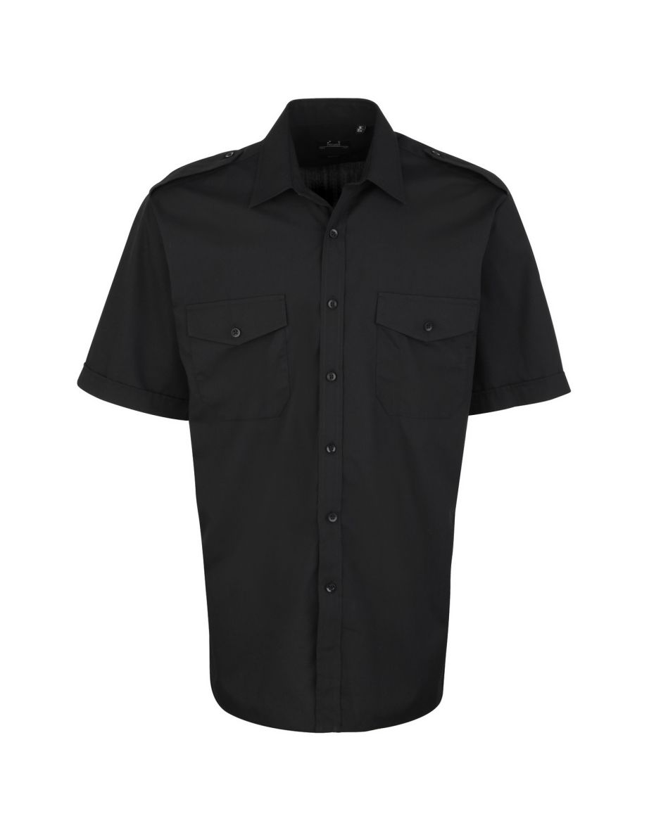 Premier Mens Short Sleeve Pilot Plain Work Shirt - Black