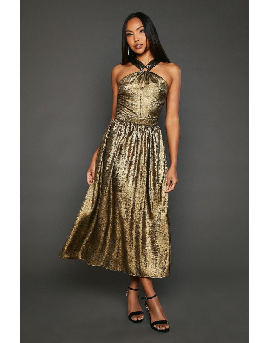 Metallic Halter Neck Midaxi Dress - gold