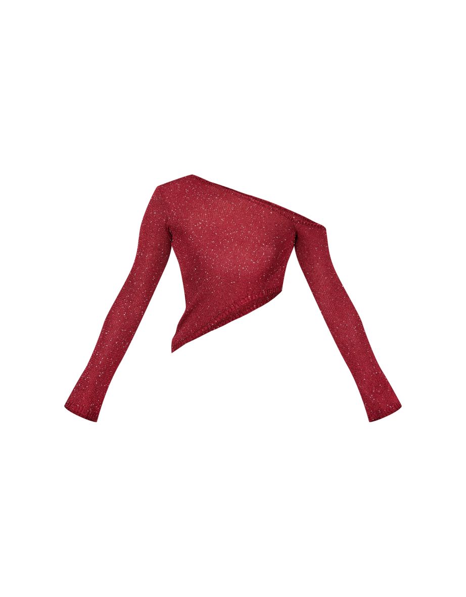 Wine Sequin Knit Asymmetric Long Sleeve Crop Top - 4