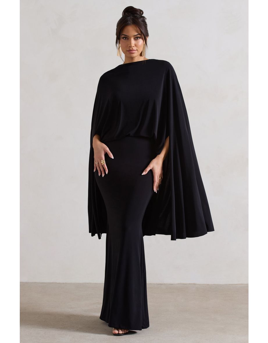 Charmaine | Black High-Neck Maxi Dress With Cape