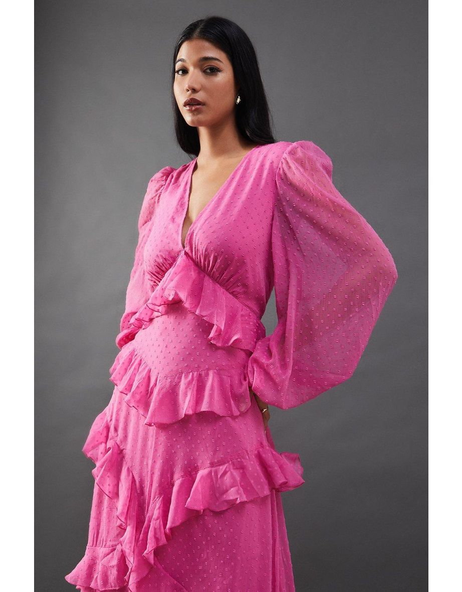 Chiffon Plunge Neck Ruffle Detail Volume Sleeve Maxi Dress - 3