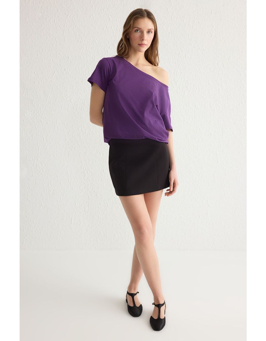 Purple 100% Cotton Boyfriend Boat Neck Knitted T-Shirt