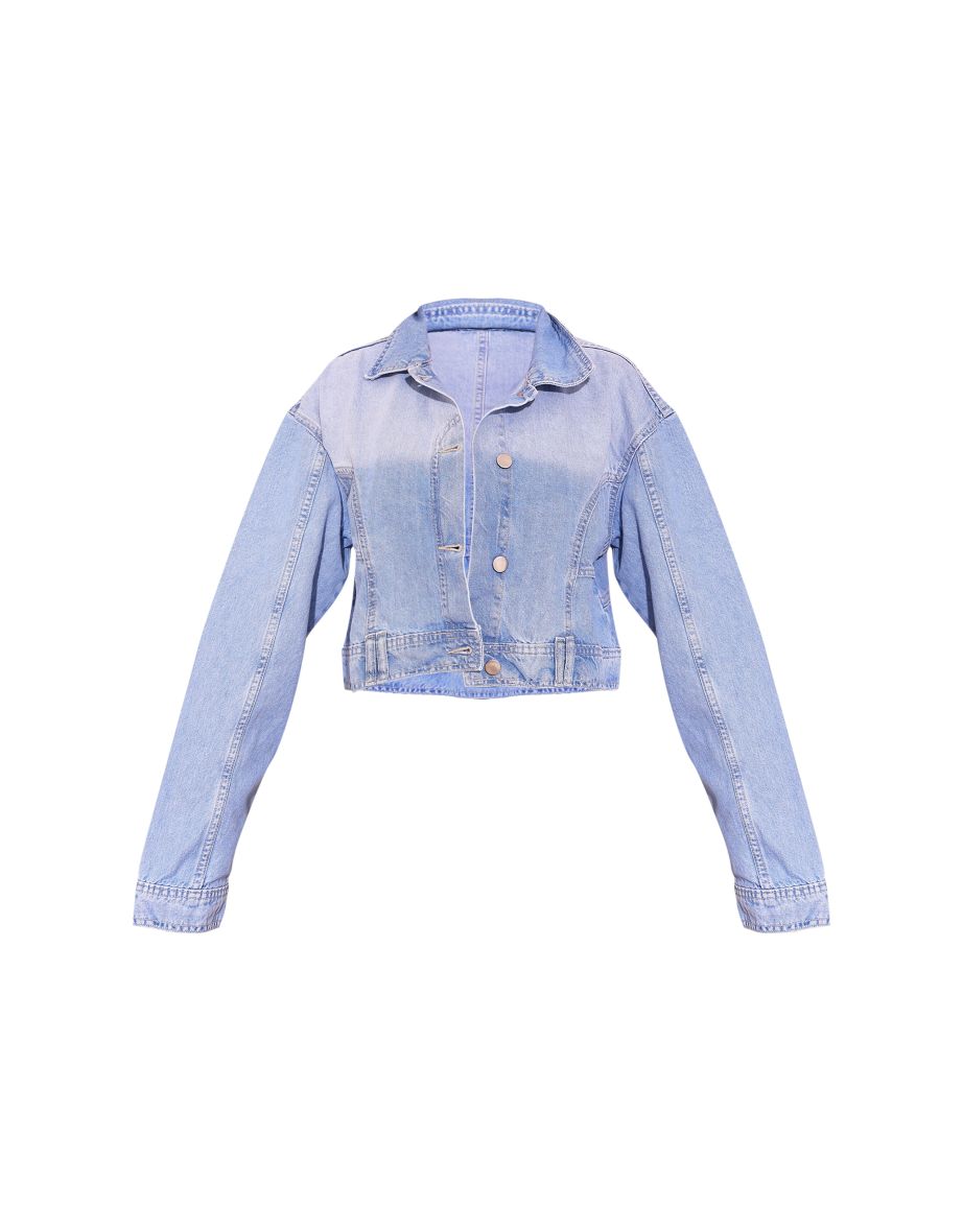 Mid Blue Wash Upside Down Waistband Crop Denim Jacket - 4