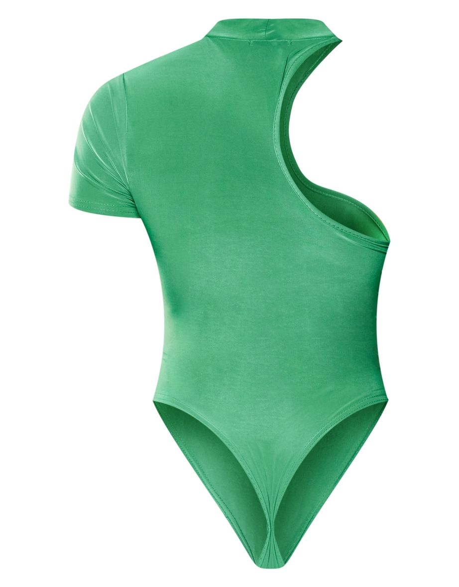 Bright Green Slinky Asymmetric Short Sleeve Bodysuit - 5