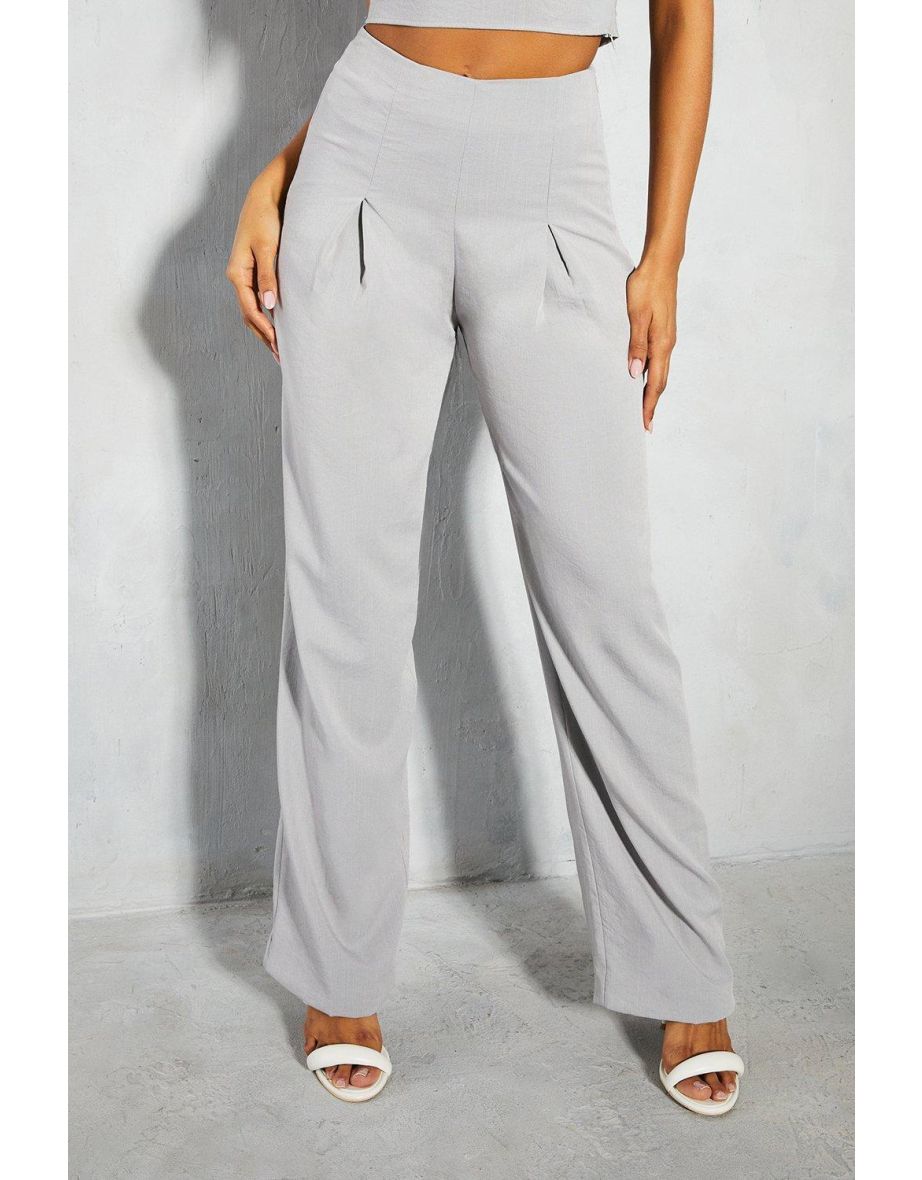 Linen Look Invisble Waistband Pleated Straight Leg Trouser