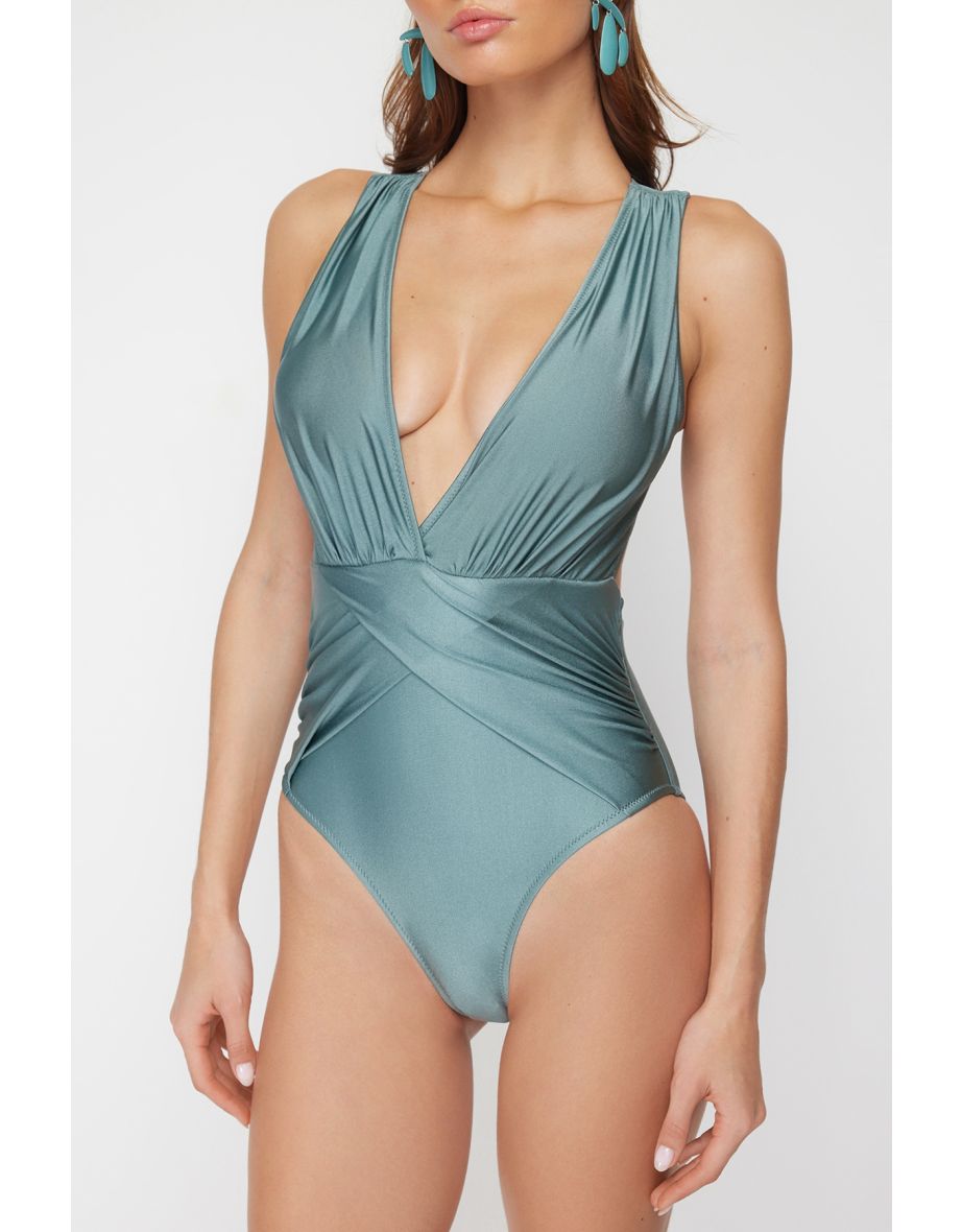 Mint Deep Decollete Draped Swimsuit - 6