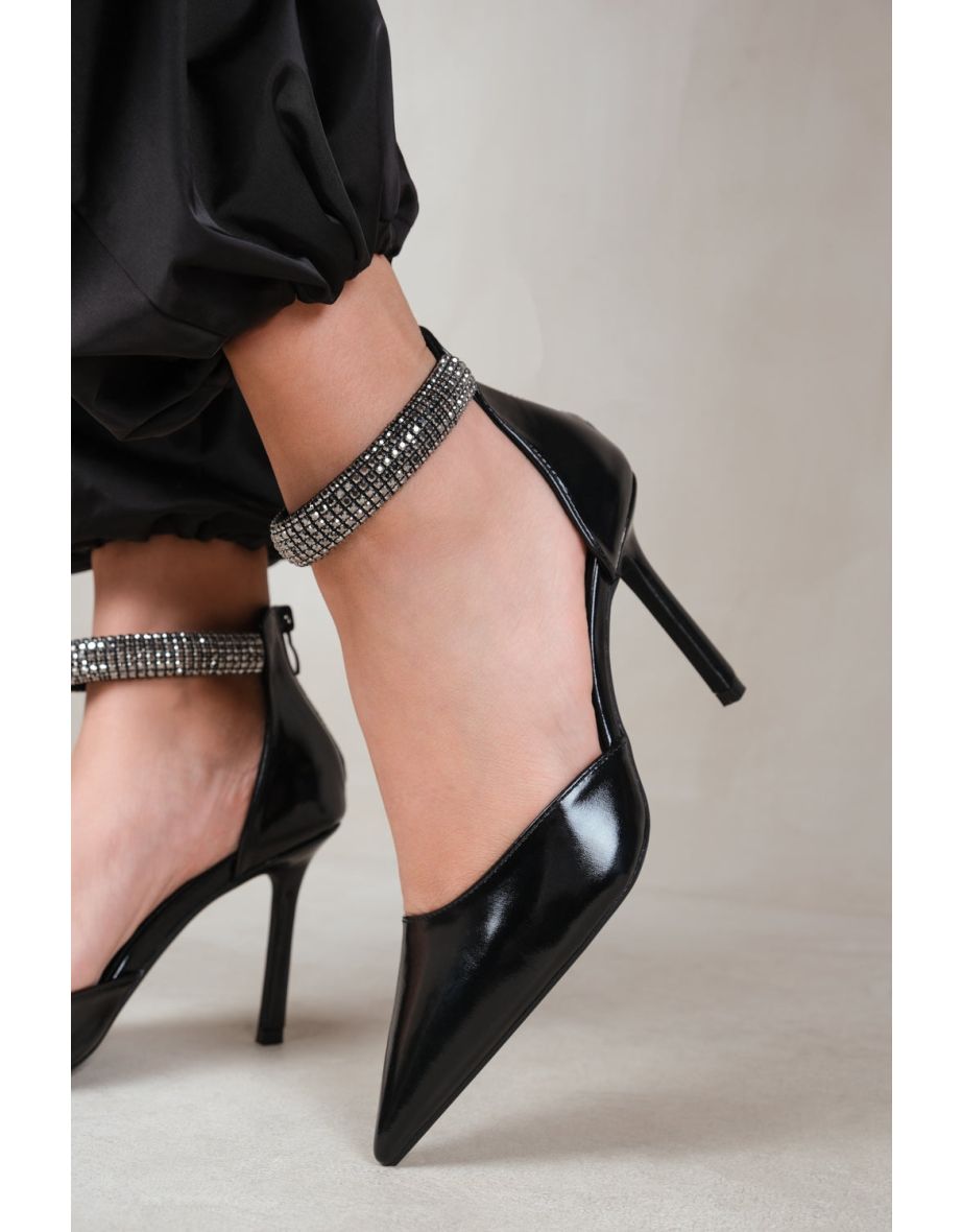 SAPPHIRE POINTED TOE HIGH HEELS WITH DIAMANTE DETAIL ANKLE STRAP IN BLACK PATENT