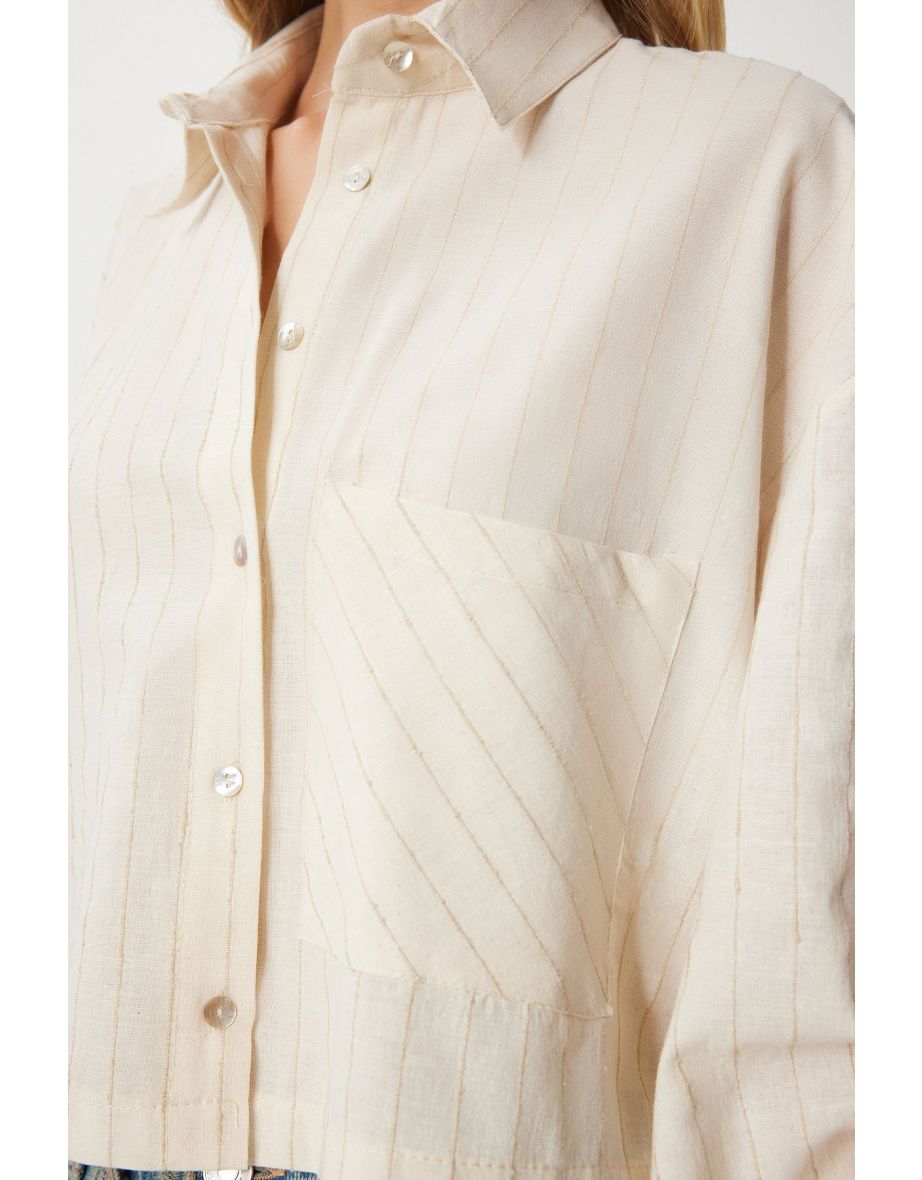 Women's Cream Thin Striped Crop Linen Shirt - 6