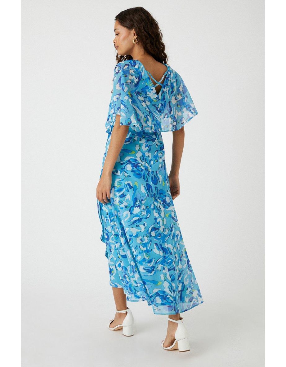 Petite Aqua Foil Abstract Print Angel Sleeve Midi Dress - 2