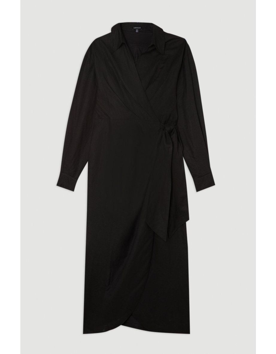 Viscose Linen Woven Tie Wrap Maxi Shirt Dress - 3