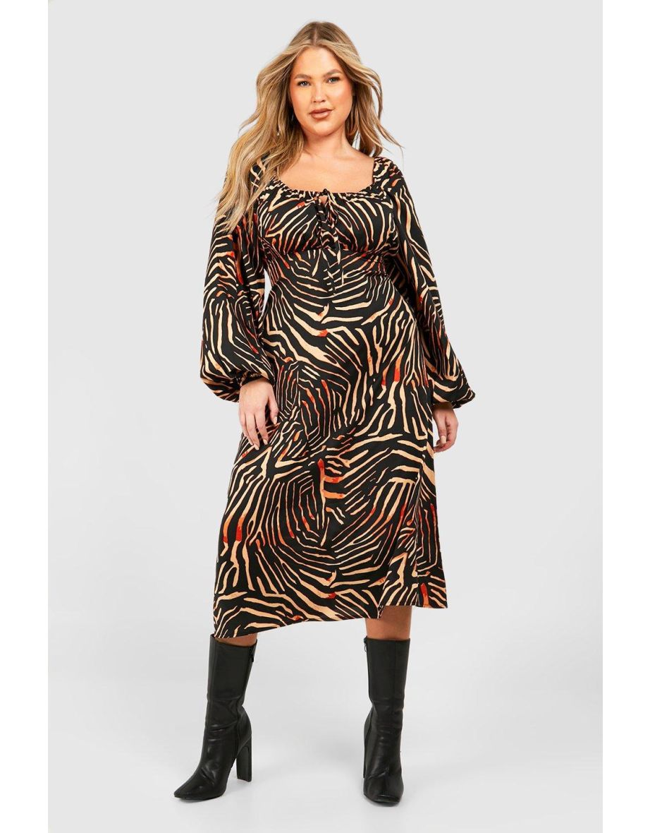 Plus Animal Print Ruched Bust Midi Dress - brown