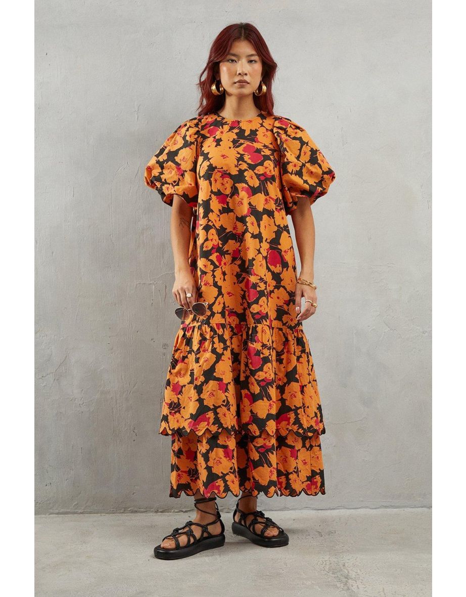 Poplin Orange Floral Print Volume Sleeve Scallop Detail Smock Dress