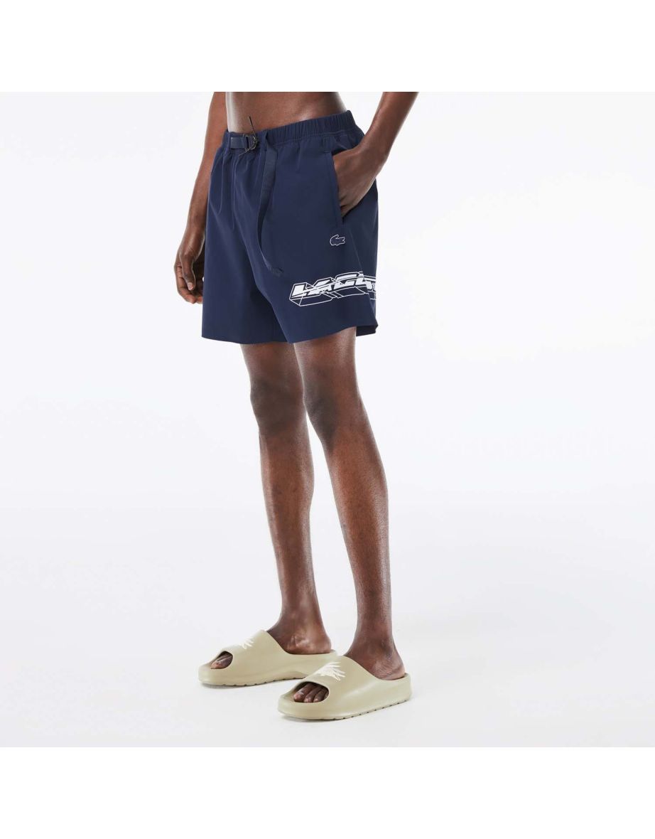 Men's Lacoste Quick Dry Logo Stripe Swim Trunks in Blue - 3