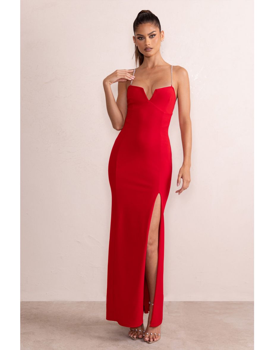 Notes To Self | Red Square Neck Thigh Split Maxi Dress - 3