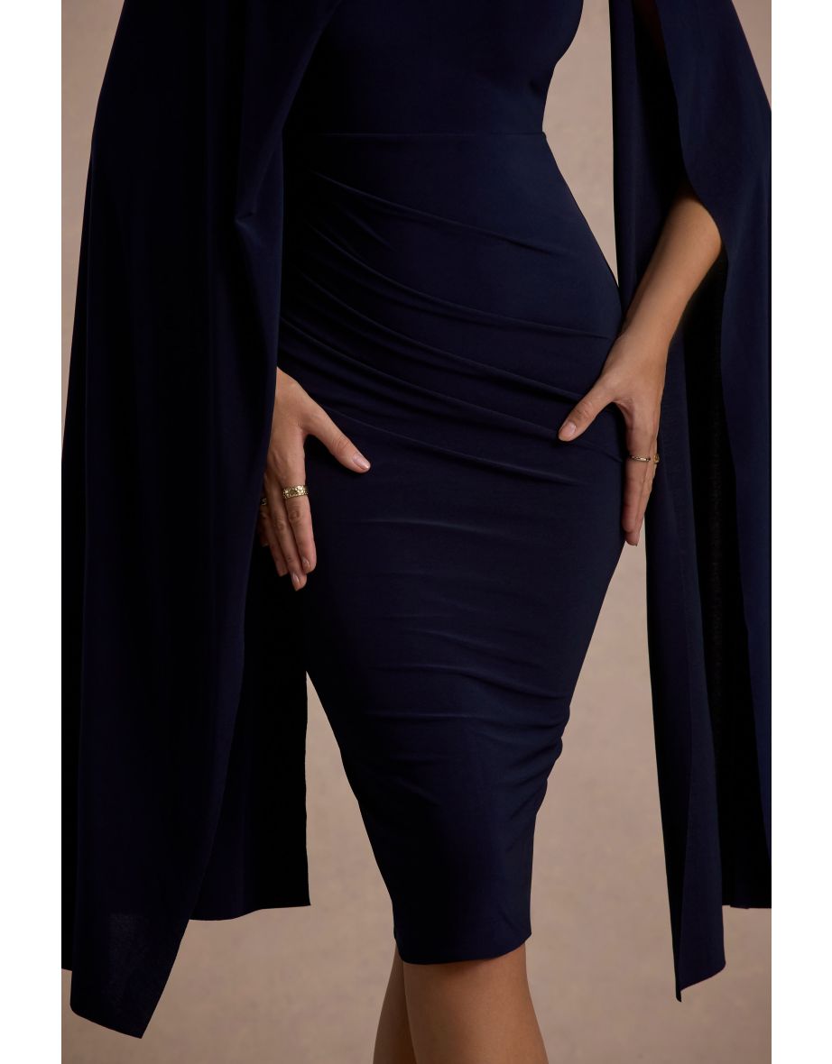 Marysol | Navy Asymmetric Cape Midi Dress - 6