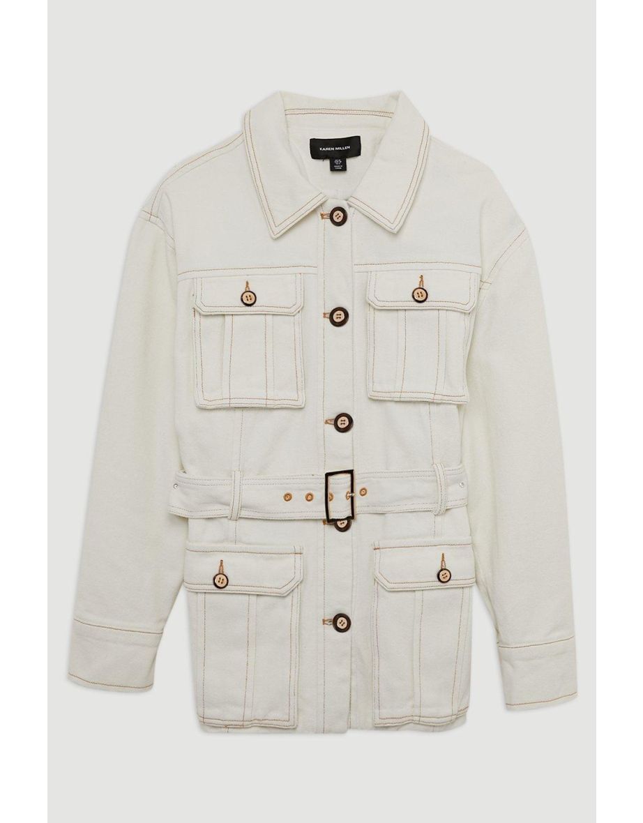 Denim Pocket Detail Belted Safari Jacket - 3