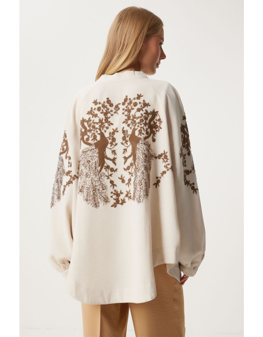 Women's Cream Brown Embroidered Linen Kimono - 7