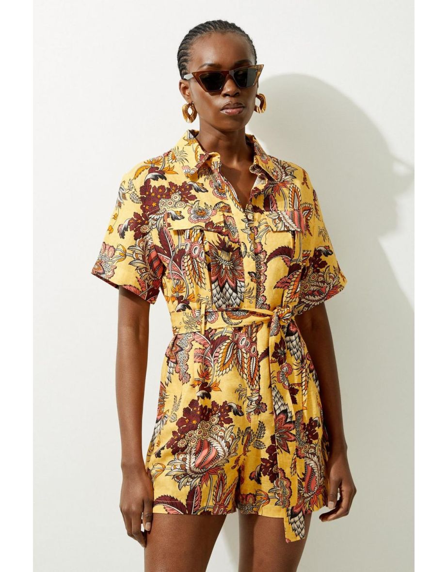 Paisley Viscose Linen Belted Woven Playsuit