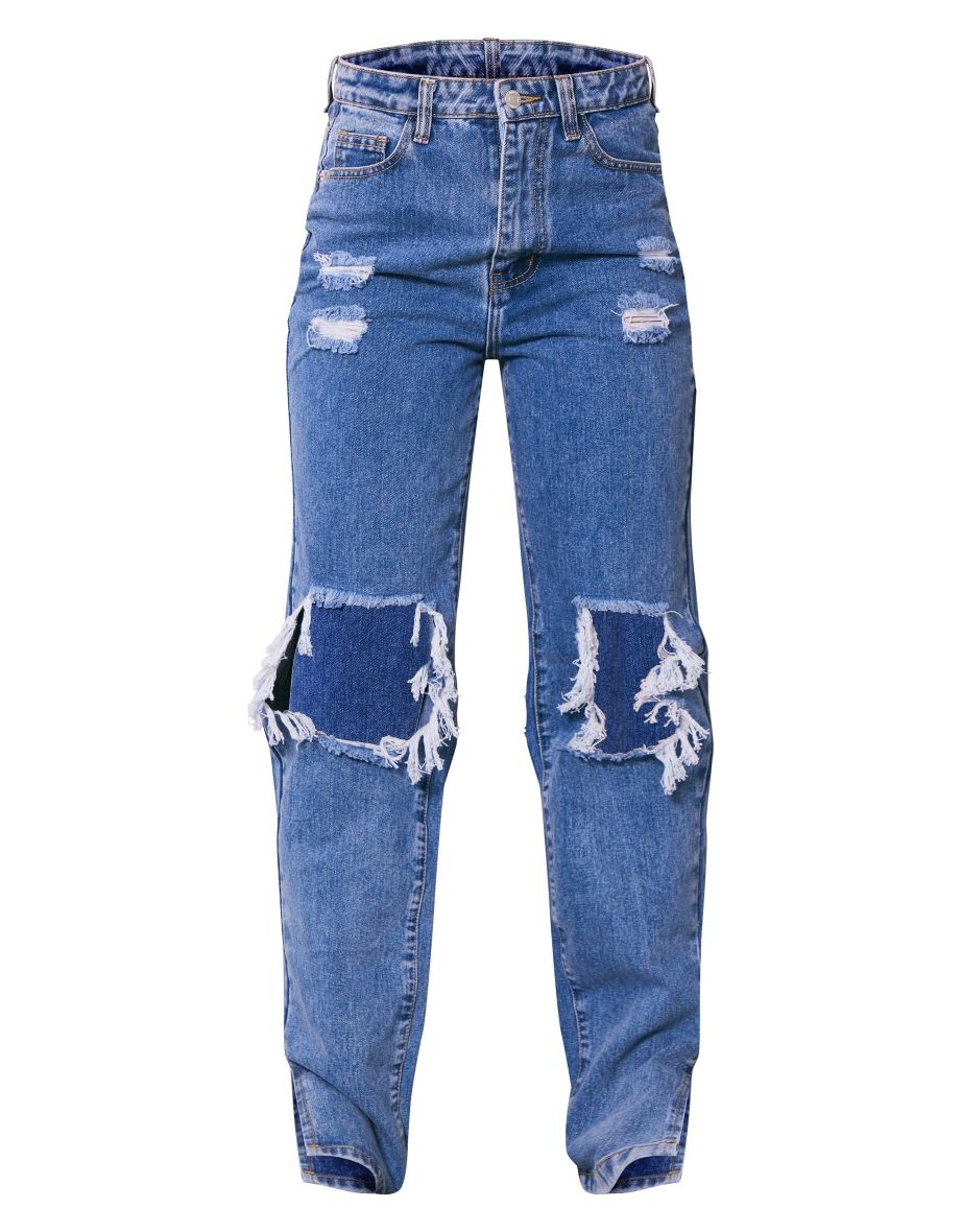Washed Mid Blue Ripped Open Knee Split Hem Jeans - 4