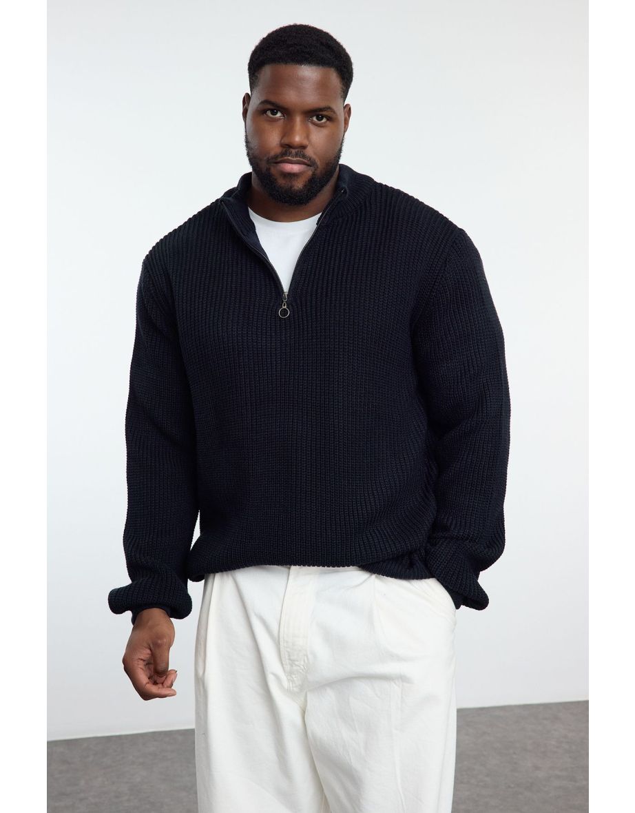 Navy Blue FL Regular Half Turtleneck Plain Knitwear Plus Size Sweater - 4