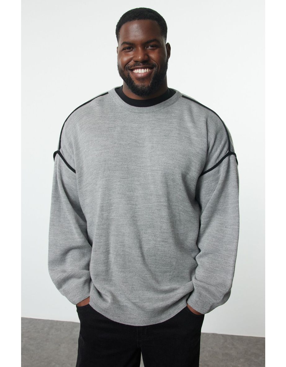 Gray FL Men's Oversize Crew Neck Plain Knitwear Plus Size Sweater