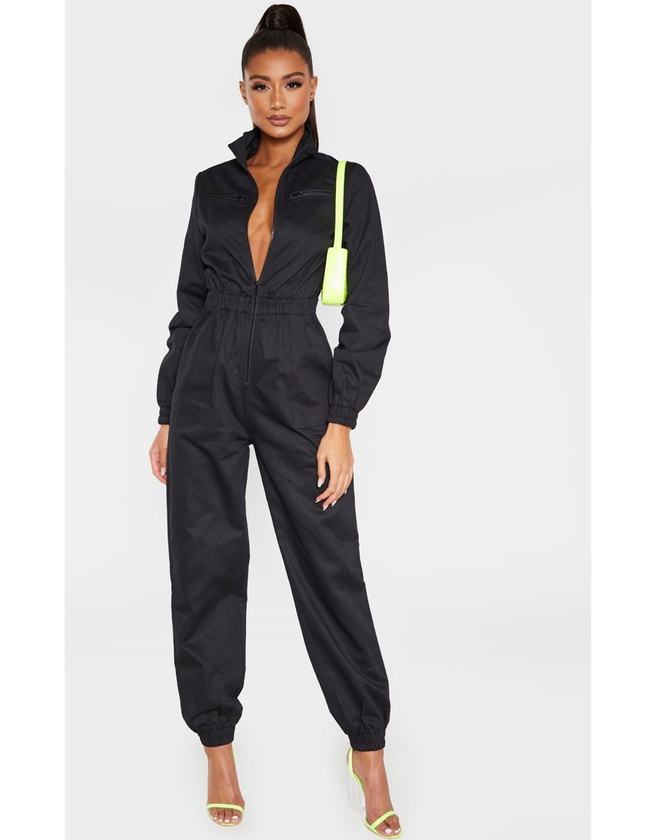 Black Boiler Contrast Zip Jumpsuit