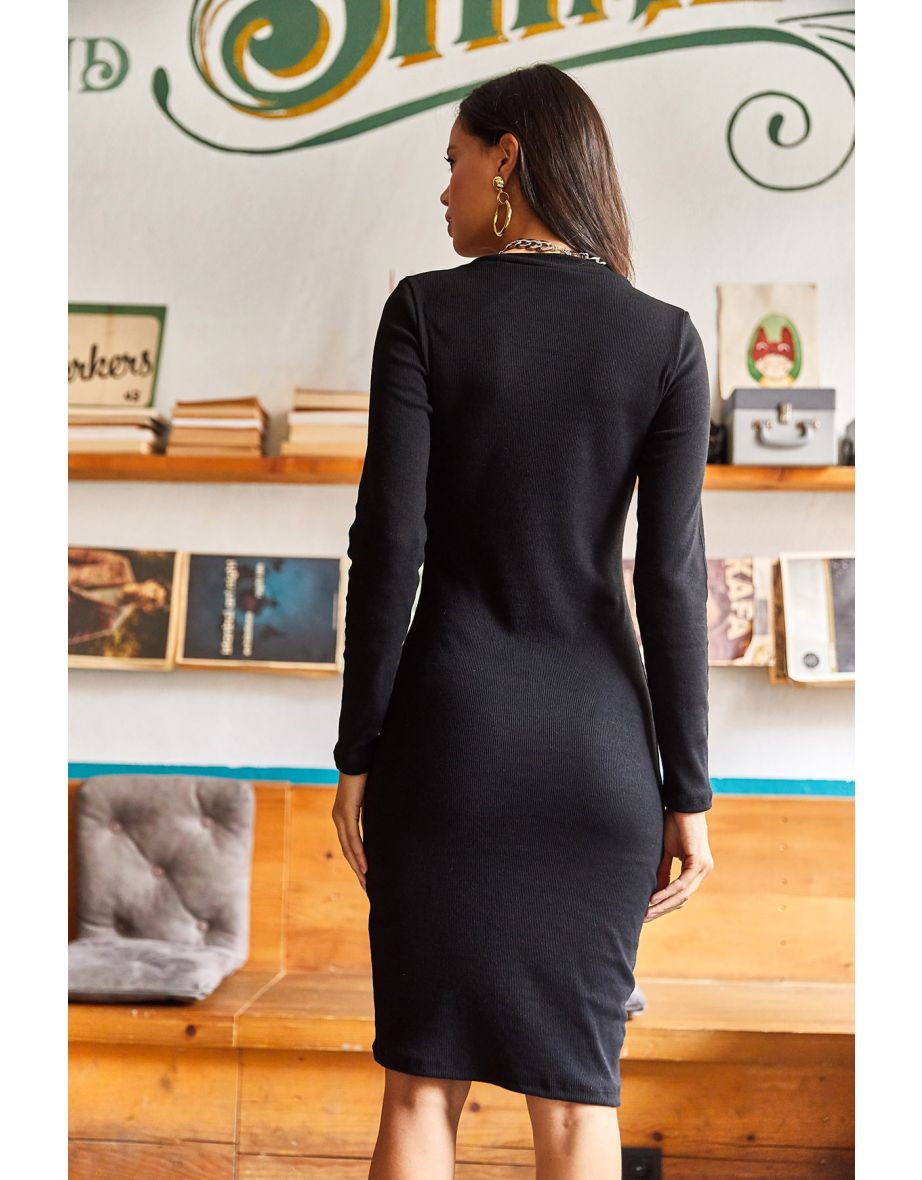 Women's Black V-Neck Lycra Mini Dress - 5