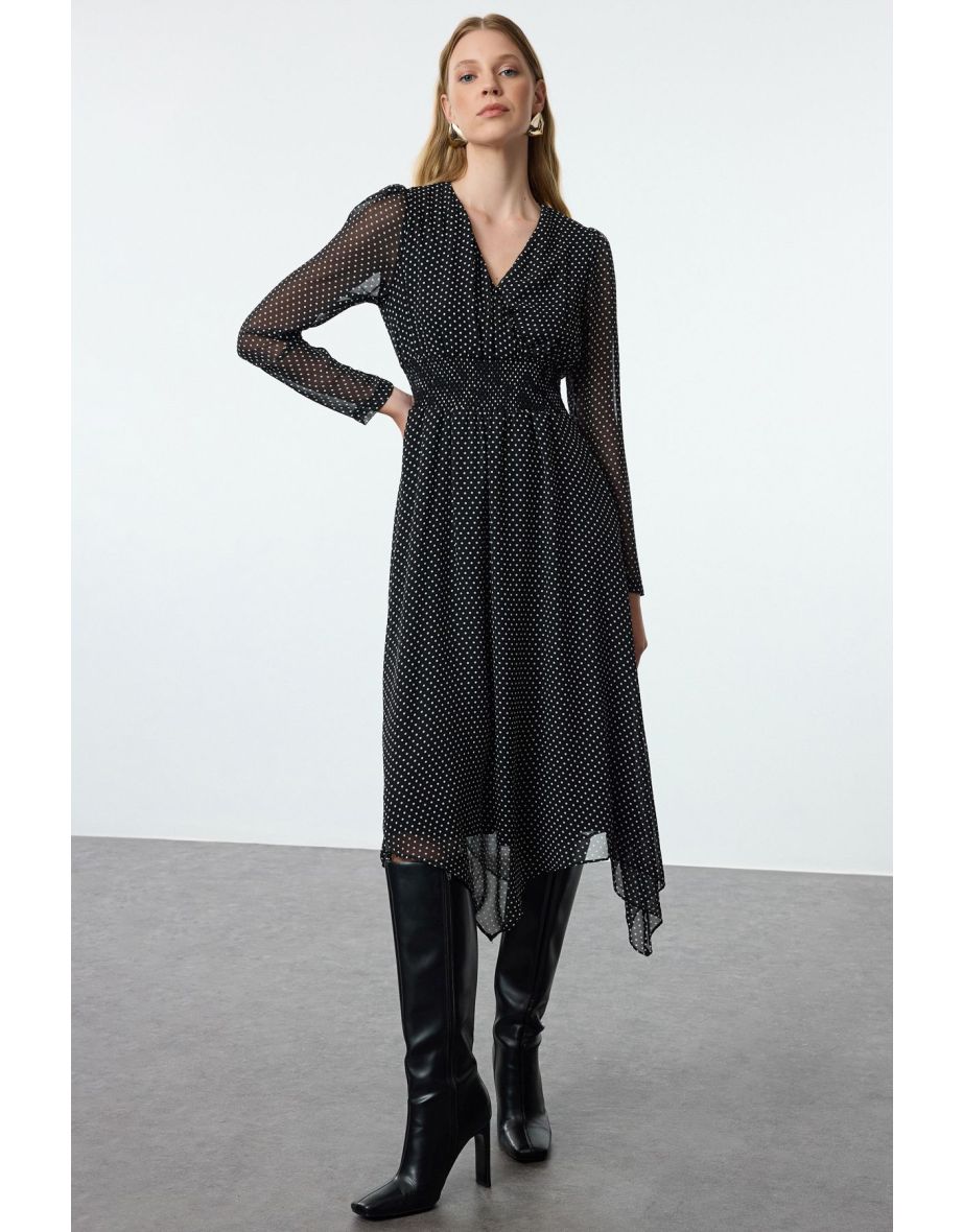Black Polka Dot A-Line Double Breasted Collar Handkerchief Skirt Detailed Lined Chiffon Woven Dress