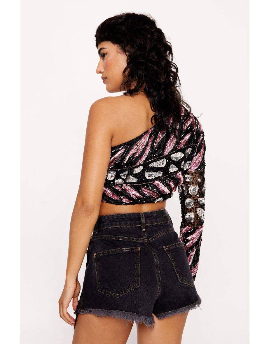 Hand Embellished Splice Animal One Shoulder Top - 3