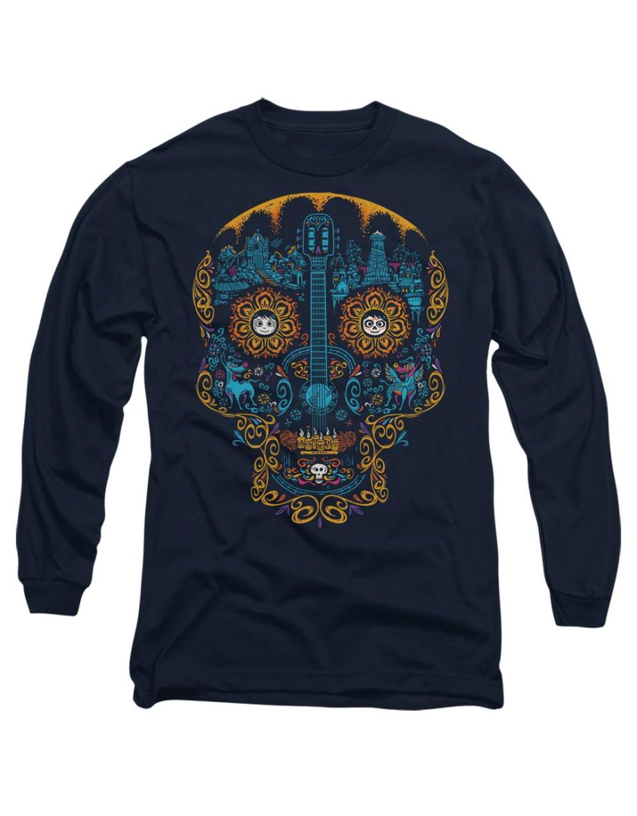 Coco  Adult Day Of The Dead Miguel Dante Colourful Skull T-Shirt - Navy