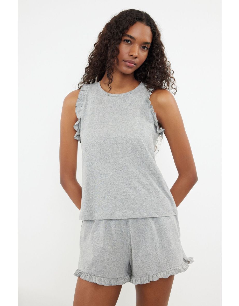 Gray Melange 100% Cotton Plain Ruffle Single Jersey Knitted Pajama Set