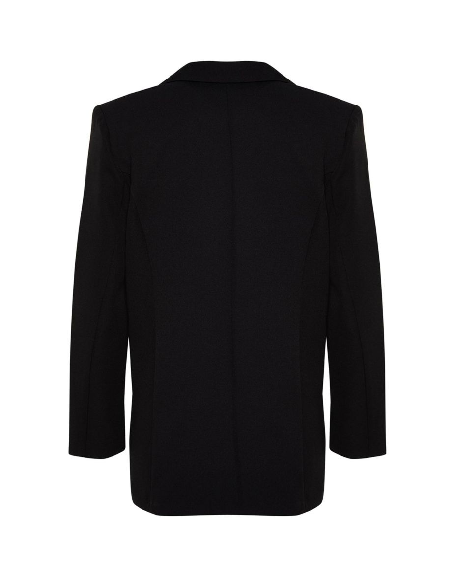 Black Oversize Lined Buttoned Woven Blazer Jacket - 7
