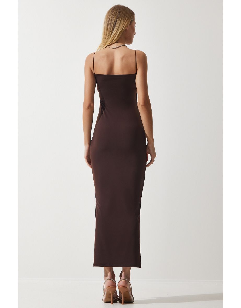 Women's Brown Rope Strap Slit Wrap Sandy Dress - 4