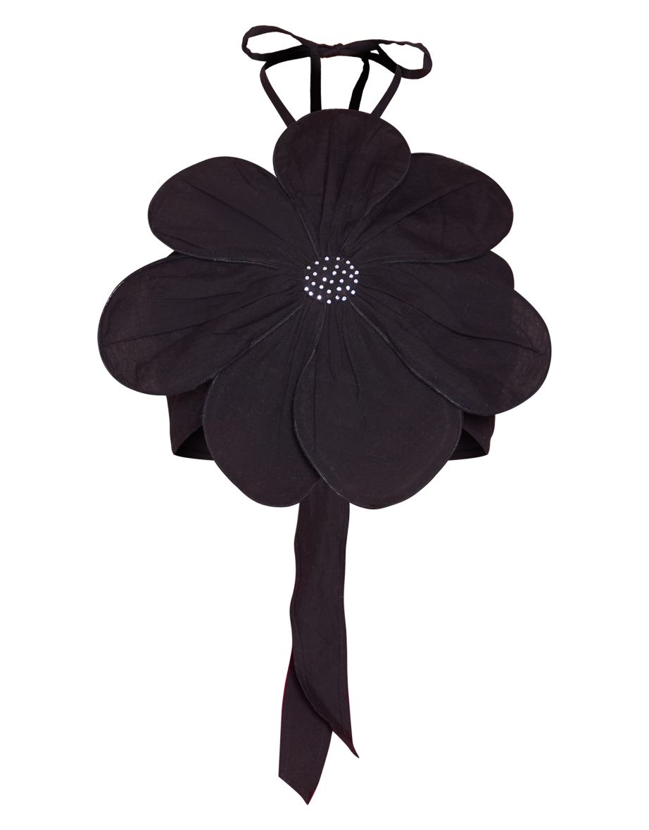 Black Linen Look Floral Diamante Tie Back Crop Top - 4