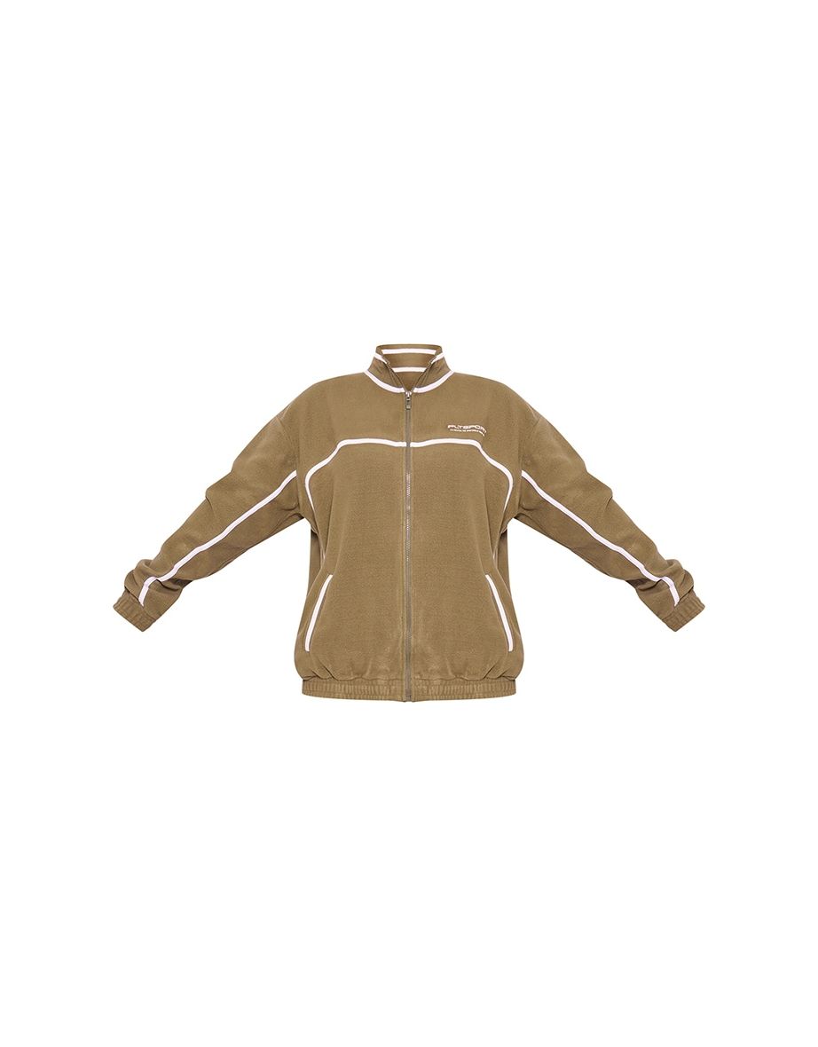 PLT SPORT Olive Fleece Oversized Piping Detail Zip Up Sweatshirt - 4