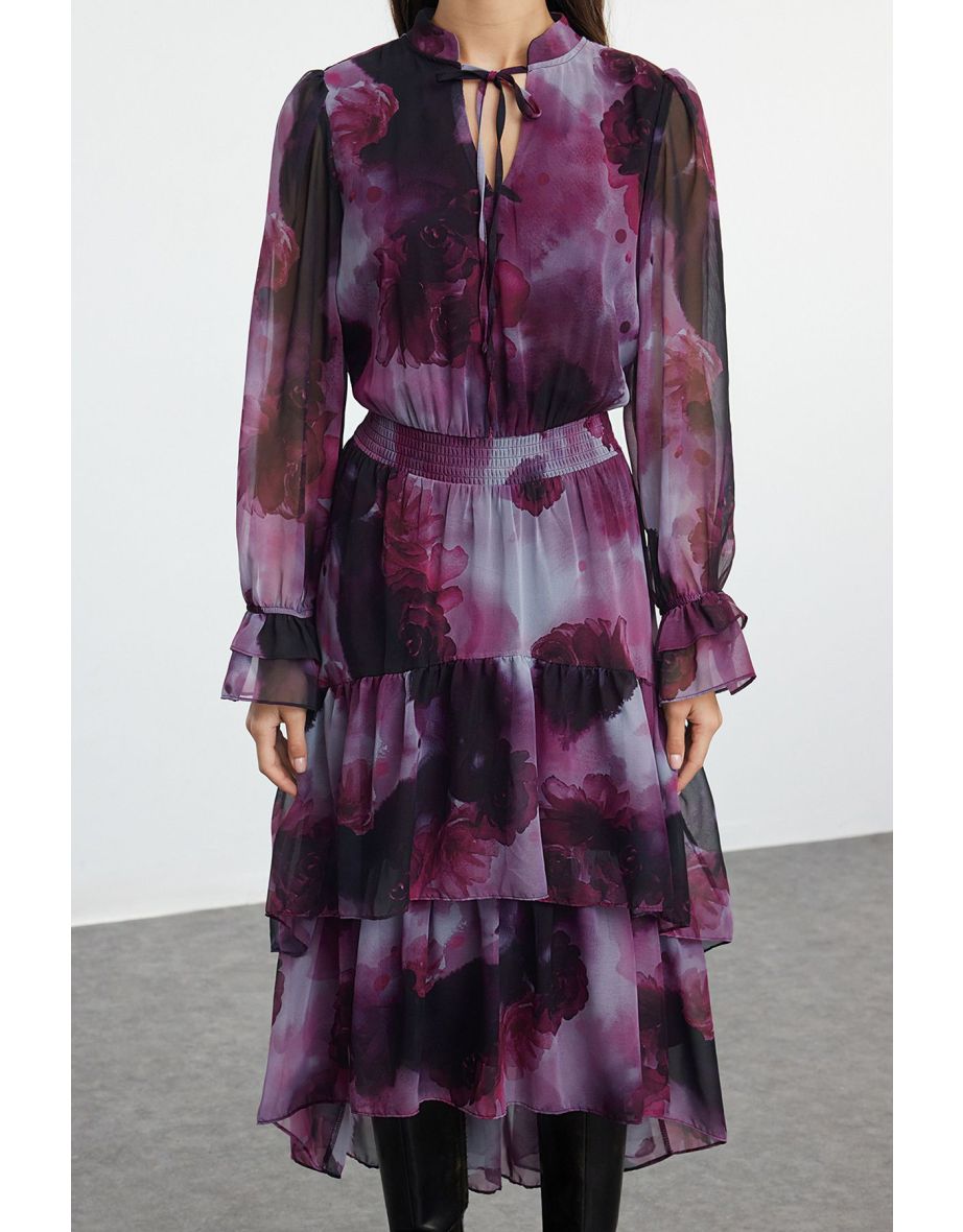 Limited Edition Plum Shawl Pattern Skater Ruffle Midi Woven Dress - 4