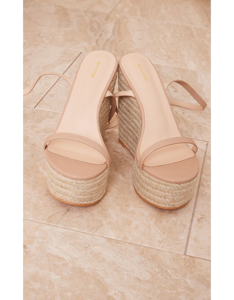 Nude Wide Fit PU Metallic Strap Espadrille High Heeled Wedges - 3