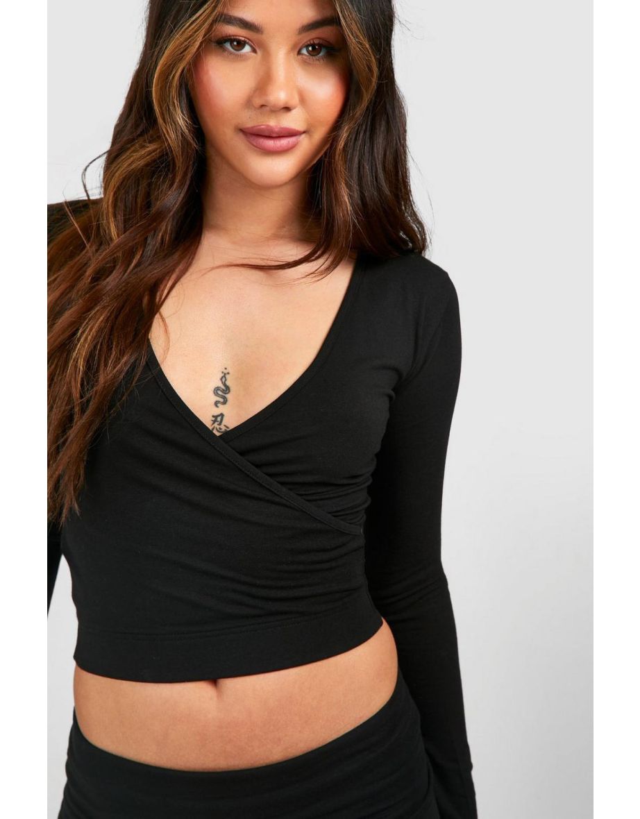 Premium Super Soft Wrap Long Sleeve Crop Top - black - 3