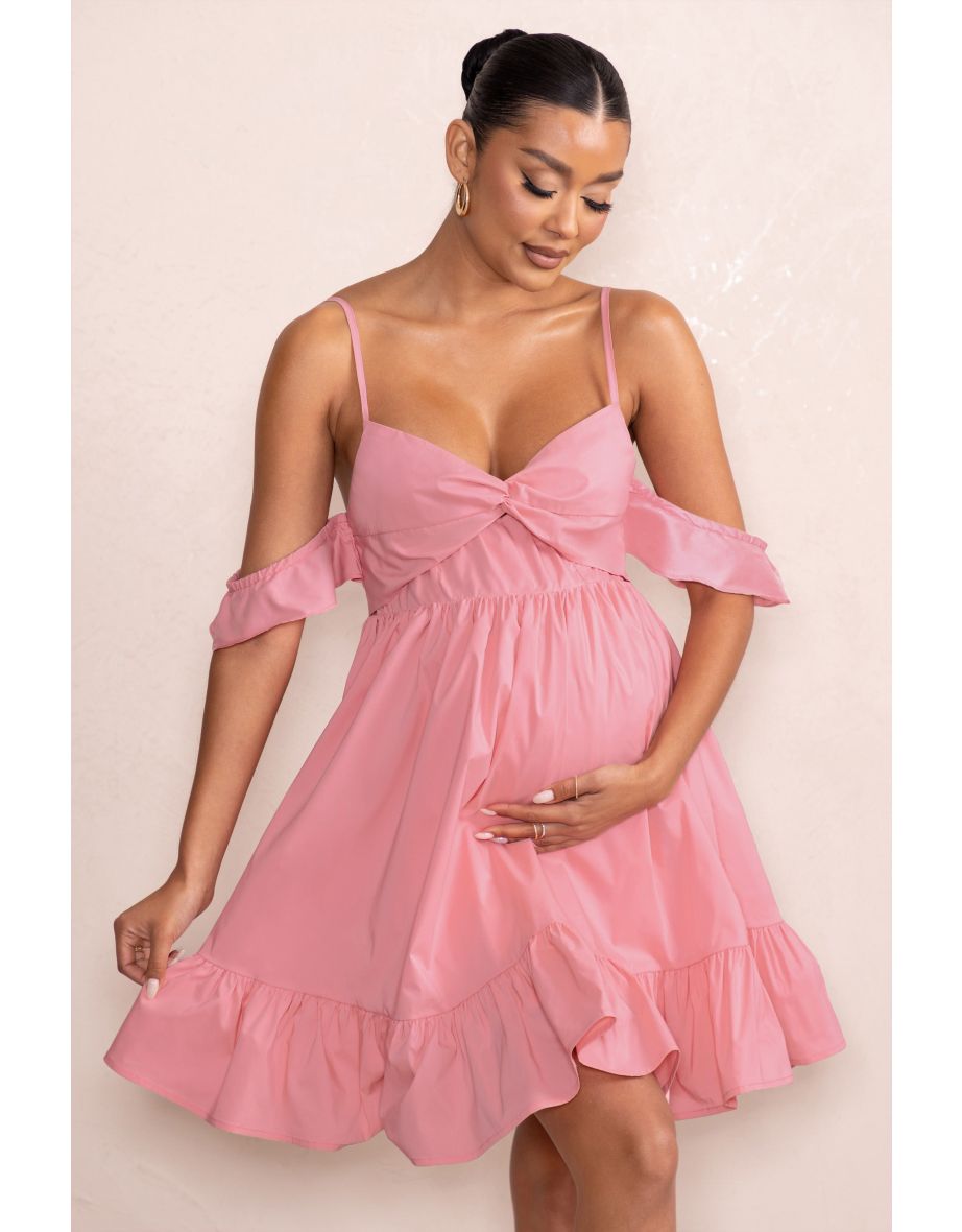 Kai | Blush Cami Babydoll Maternity Mini Dress With Ruffle Cold Shoulder Sleeves
