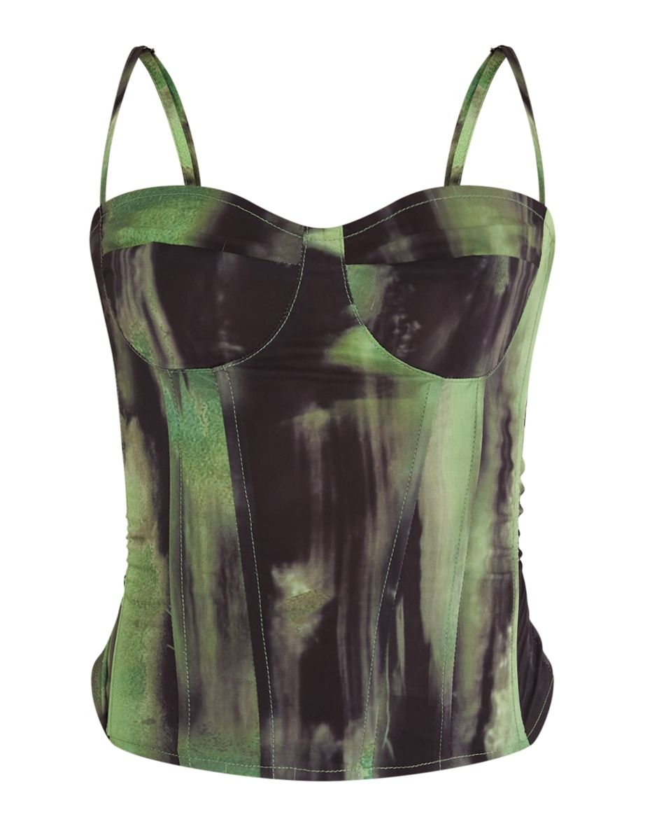 Green Grunge Print Chiffon Boned Structured Corset Top - 4