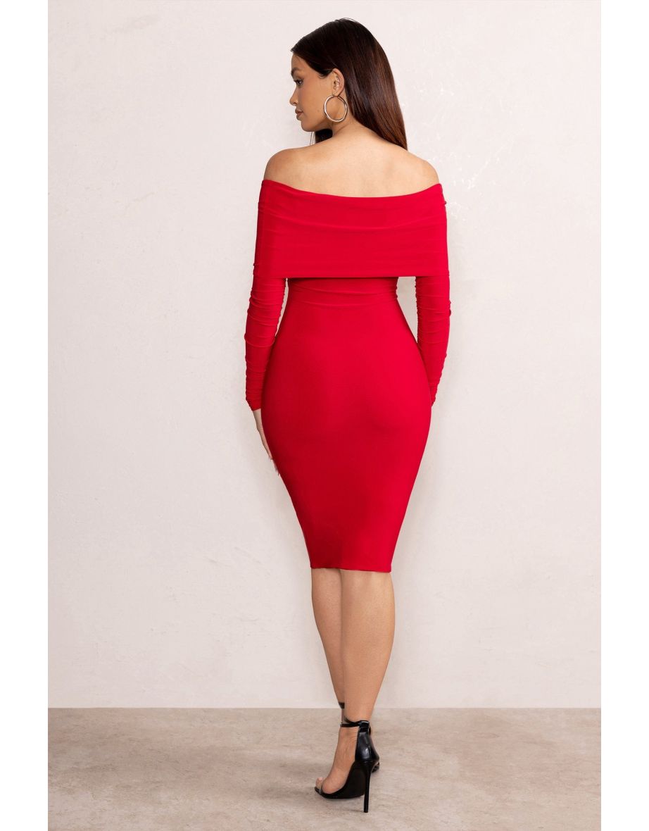 Red Twist Front Bardot Midi Dress - 4