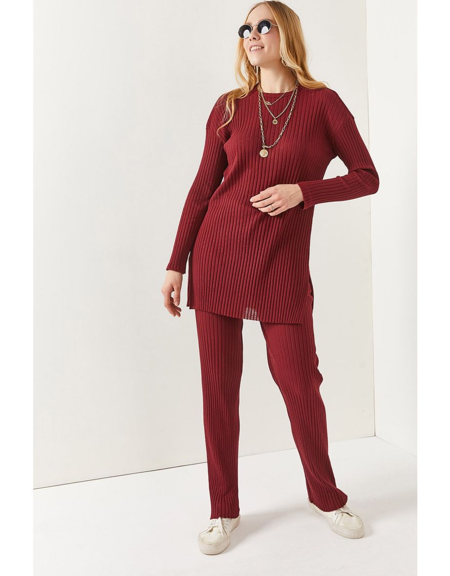 Women's Claret Red Top Slit Blouse Bottom Palazzo Corduroy Suit