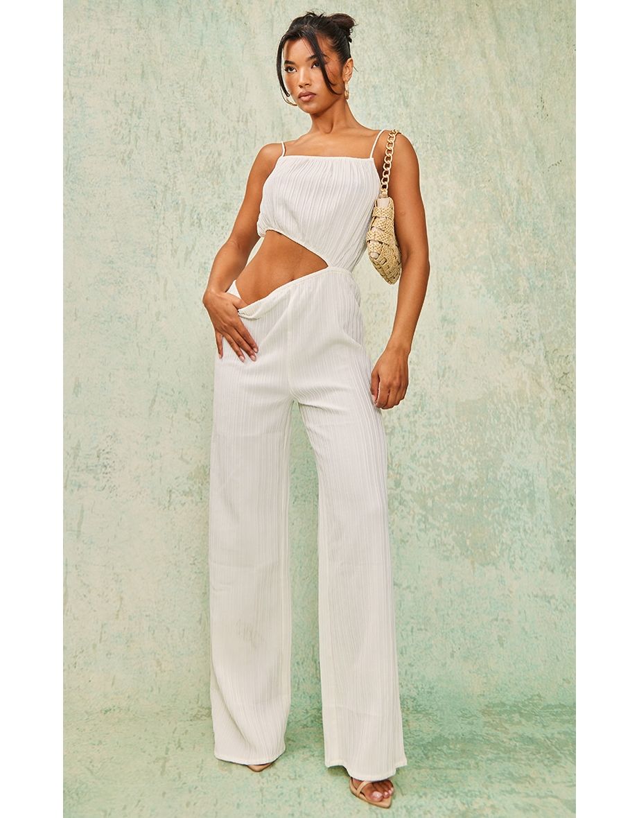 Cream Crinkle Elasticated Cut Out Strappy Jumpsuit