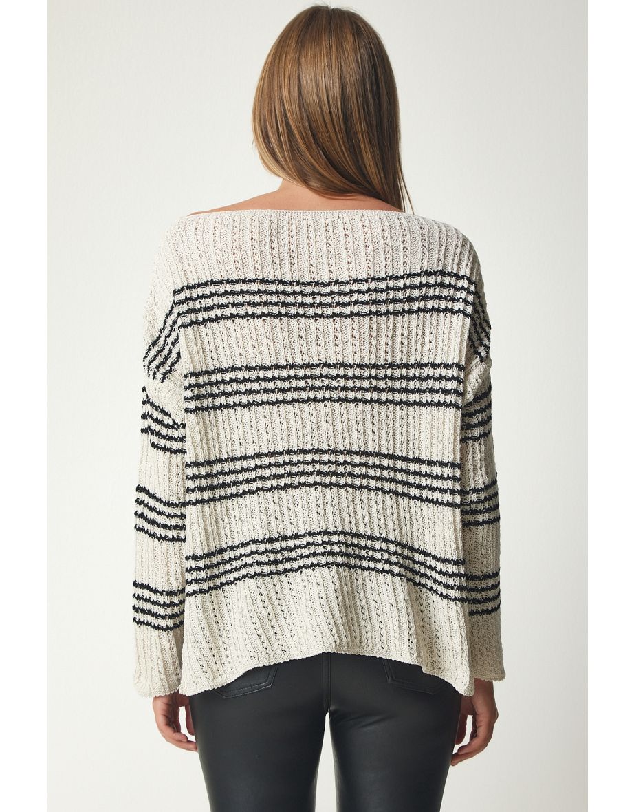 Women's Cream Bateau Neck Striped Knitwear Sweater - 4