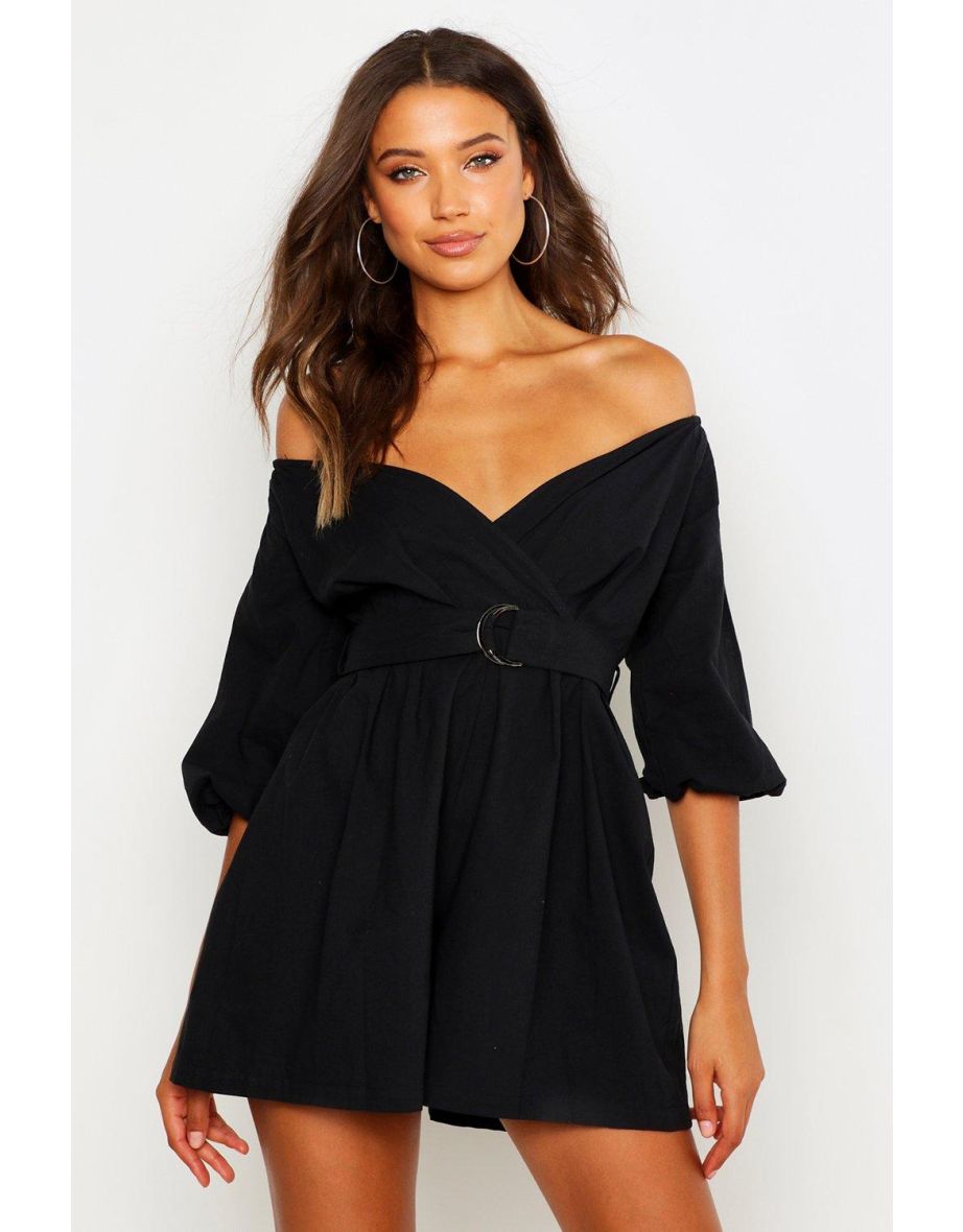 Tall Linen Look Mix Bardot Belted Wrap Playsuit - black