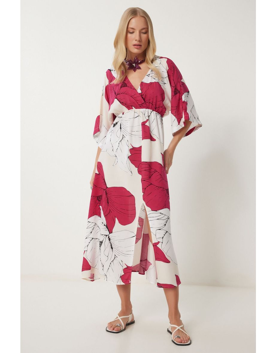 Women's Dark Pink White Wrap Collar Patterned Summer Viscose Dress